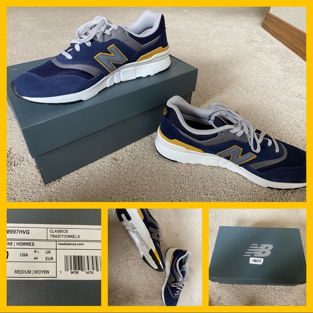 Size 10, new balance navy blue and yellow shoes, Mens